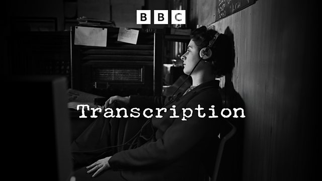 BBC Transcription: person wearing a headset seated at a vintage recording desk in black and white, logo above
